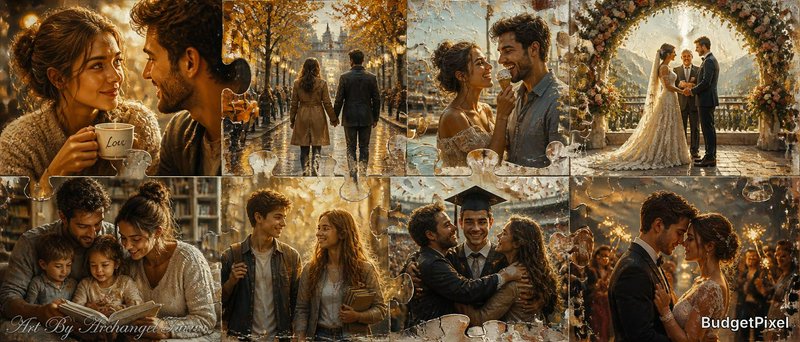 Romantic couple collage in warm autumn light with kisses, coffee date, and wedding arch scenes.