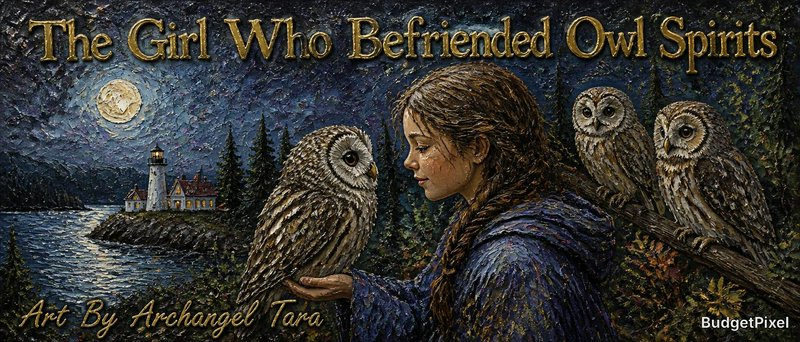 Illustration of a girl with braided hair befriending owl spirits at night near a moonlit lighthouse