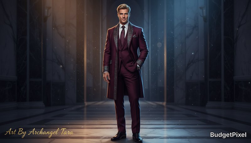 Photorealistic masterpiece of a very tall, handsome, distinguished gentleman standing gracefully in a grand opulent marble hall at dusk. Complete head-to-toe composition showing the entire figure from the top of his thick, neatly styled blond hair to the tips of his polished dress shoes, with both feet fully visible and nothing cropped. He has striking aquamarine eyes, strong masculine features, and a warm, confident smile. He is dressed in an impeccably tailored deep burgundy ornate robe and coat suit with subtle Byzantine-inspired mosaic embroidery woven into the lapels and cuffs, complemented by a luxurious silk tie, crisp white dress shirt, jeweled cufflinks, and elegant polished shoes.
Captured from a moderate distance with an 85mm lens feel, vertical portrait orientation, allowing ample space around the entire body. Full-length view, centered composition, elegant posture, relaxed hand resting in one pocket, broad shoulders, refined and sophisticated presence. Crisp focus on the face and intricate details of the suit, with shallow depth of field and soft cinematic bokeh.
Warm golden rim light from one side and cool fill light from the other, creating dramatic contrast and subtle highlights across the suit fabric. Floating dust motes shimmer in the air. Rich color palette featuring deep burgundy, gold, and teal. Ultra-detailed 4K realism, realistic skin texture, finely tailored fabric, subtle metallic threads, cinematic atmosphere, masterpiece quality, award-winning portrait photography style.
Negative prompts: cropped body, upper-body portrait, half-body view, waist-up, close-up, missing feet, cut-off legs, out-of-frame shoes, partial figure, zoomed-in composition.
Add the text "Art By Archangel Tara" in elegant gold cursive in the bottom left corner, rendered with a slightly raised painted texture that harmonizes with the artwork, highly detailed and refined.