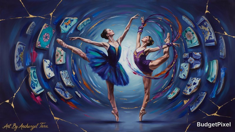 Ballet Dancers cool colors deep colors contrasting colors vorticism naïve art detailed painting shin hanga ashcan school Amanda Sage Thomas Kinkade Pablo Picasso Gustav Klimt kintsugi majolica rendered in Blender volumetric lighting Polycount psychedelic radiant Scintillating fantastical crepuscule Light Fantasy iridescent fauvism parallax psychedelic Add text "Art By Archangel Tara" in gold cursive at the bottom left, rendered to match the impasto texture and brushwork (slightly raised, painted look), high quality, detailed.