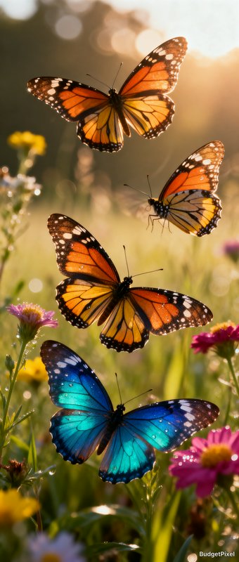 Three orange monarch butterflies and one iridescent blue morpho hover over a sunlit dewy wildflower meadow at golden hour.