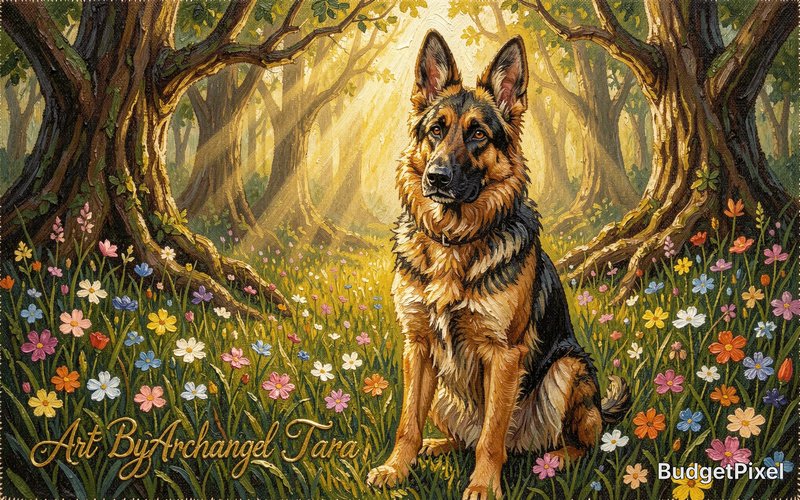 A loyal dog, a majestic German Shepherd, sits patiently amidst a field of blooming wildflowers, its fur intricately detailed. In the background, a mystical forest whispers with unseen magic, shafts of golden light piercing the dense canopy. The image is captured as if a needlepoint tapestry, with every thread contributing to a rich texture and vibrant color, evoking a sense of timeless fairy tales and storybook charm. Add text "Art By Archangel Tara" in gold cursive at the bottom left, rendered to match the impasto texture and brushwork (slightly raised, painted look), high quality, detailed.