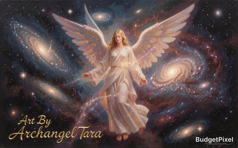 An angelic figure, perhaps a lesser archangel or celestial messenger, is caught in a double exposure with a vibrant, swirling nebula. The angel's form is suggested by soft light and trailing cosmic dust, embodying elegance and transcendence. The background depicts the vastness of space, with galaxies and distant stars in breathtaking detail. The style is ethereal and cosmic, blending soft focus photography with the sublime grandeur of romantic landscape painting, reminiscent of artist James Gurney. Add text "Art By Archangel Tara" in gold cursive at the bottom left, rendered to match the impasto texture and brushwork (slightly raised, painted look), high quality, detailed.