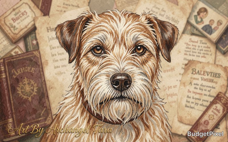 A charming, elderly terrier dog is depicted in a close-up portrait, its fur rendered with the meticulous detail of a needlepoint tapestry. The background is a soft, blurred collage of vintage storybooks and aged parchment, suggesting a life filled with tales and memories. The style aims for a nostalgic, heartwarming storytelling aesthetic, with muted colors and a textured feel akin to antique textile art and gentle illustration. Add text "Art By Archangel Tara" in gold cursive at the bottom left, rendered to match the impasto texture and brushwork (slightly raised, painted look), high quality, detailed.