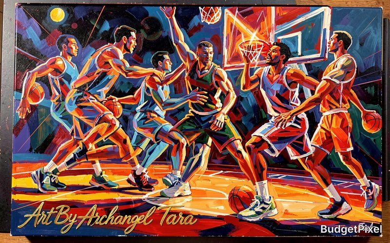 Imagine a scene where the raw, dynamic energy of a basketball game is transmuted into pure storytelling through an abstract lens. Players are rendered as flowing lines of color and light, their movements creating a narrative on the court. This piece is presented as a highly detailed concept art illustration, utilizing a palette of vibrant, contrasting colors and sharp, dynamic composition to convey the story of the game in an almost cubist, yet deeply emotional, manner. Add text "Art By Archangel Tara" in gold cursive at the bottom left, rendered to match the impasto texture and brushwork (slightly raised, painted look), high quality, detailed.