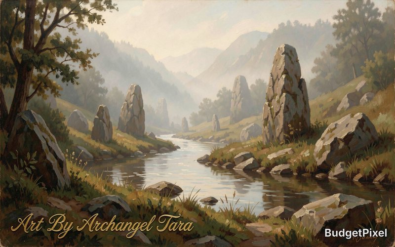A serene landscape where a forgotten river flows through a valley filled with mist and ancient, towering stones. The story is one of quiet contemplation and the passage of time. This scene is rendered with an exquisite, painterly finish, evoking the mood and elegant brushstrokes of Hudson River School painters like Albert Bierstadt, combined with the ethereal, soft focus aesthetic of early 20th-century atmospheric photography. Add text "Art By Archangel Tara" in gold cursive at the bottom left, rendered to match the impasto texture and brushwork (slightly raised, painted look), high quality, detailed.