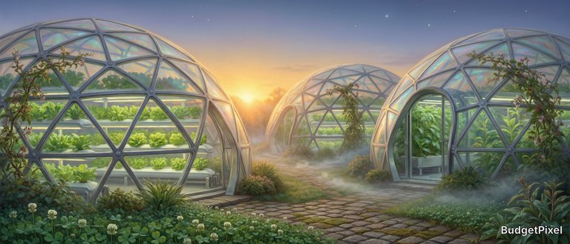 Thomas Kinkade luminous romantic painterly style, 4K ultra detailed wide landscape shot. Futuristic geodesic crystalline greenhouses at golden twilight, curved iridescent glass panes glowing from within with tiered bioluminescent hydroponic crops, modified flowering vines winding over sleek dome frames. Soft mist curls at weathered cobblestone garden paths, warm honey-gold sun flare bleeding over the horizon, faint first stars pricking soft indigo sky. Warm emerald and amber color palette, signature Kinkade soft edge glow, cozy hopeful atmosphere, rich textured oil brushwork, gentle atmospheric haze, sharp fine detail on foliage and glass light refractions, low gentle camera angle framed over dewy clover.