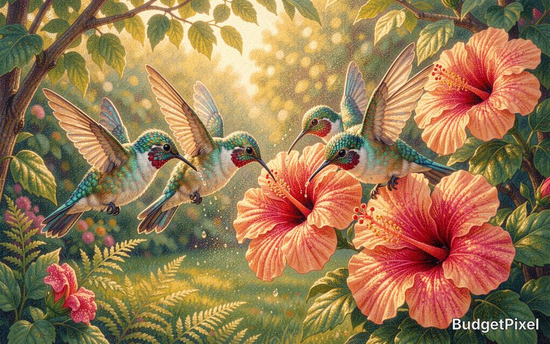 Neo-Impressionist pointillism artwork, Seurat-inspired fine precise dot texture. Flock of fluffy iridescent baby hummingbirds mid-hover, tiny beaks sunk deep drinking glistening nectar from ruffled crimson & peach hibiscus blooms, fine pollen dust floating on warm air. Mid-morning sunlit cottage garden background, dappled golden light filtering through leafy foliage, soft fern undergrowth. Tight intimate medium framing, warm saturated colour palette of sunlit greens, magenta, gold and iridescent teal feather tones. 4K sharp defined dotwork, museum quality fine art texture, gentle atmospheric glow, soft out-of-focus garden bokeh.