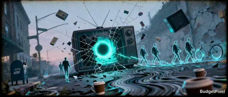 Surreal twilight street scene with giant shattered retro TV glowing teal portal, glowing wireframe pedestrians on