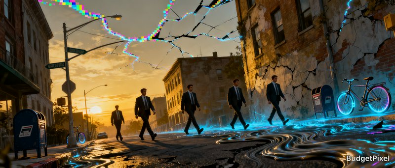 Surreal glitch art of identical suited businessmen walking on a melting city street, glowing neon effects at golden sunset