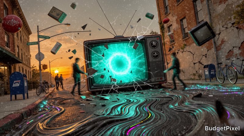 Cinematic wide-angle surreal glitch artwork, 4K sharp detailed, eye-level street perspective at dusky twilight. Cracked 90s CRT television sits curbside, pulling a pulsing electric cyan glowing portal into its dead screen as reality unravels around it. Broken physics: duplicated frozen mid-stride pedestrians, asphalt streets warped like melted taffy, bicycles, mailboxes and coffee cups floating weightless. Spiderweb pixel cracks fracture the entire frame, desaturated muted street tones contrasted only by neon portal glow, soft static grain edges, eerie uncanny quiet atmosphere, distorted depth, reality visibly dissolving at the seams.