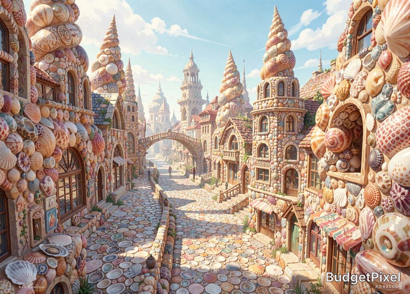 A fantastical cityscape where every building, street, and bridge is constructed from an astonishing variety of seashells, creating a unique, organic architecture. Towers spiral upwards like conch shells, and pathways are paved with intricate mosaics of oyster and scallop shells. The scene is rendered in a vibrant, highly detailed concept art style with a touch of whimsy.