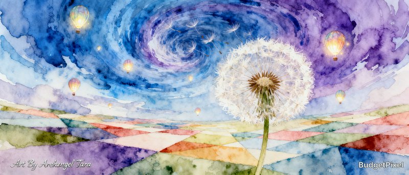 Whimsical watercolor fantasy scene with giant dandelion, swirling purple-blue sky, glowing hot air balloons over pastel