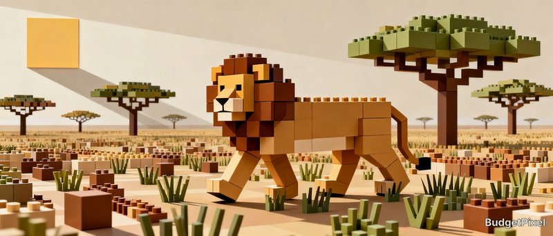 LEGO-style block-built lion walks across a voxel African savanna landscape with brick acacia trees and sun