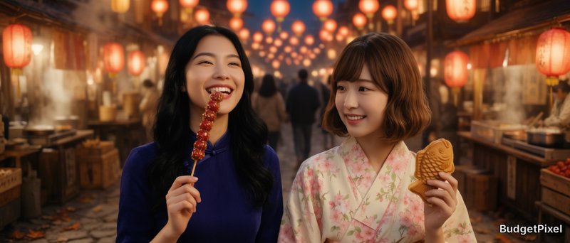 Medium eye-level candid shot, photorealistic 8K, sharp fine details, cinematic soft lighting. Bustling East Asian night market at cool autumn midnight, worn cobblestone paths, strung glowing red paper lanterns casting warm amber light pools, steam curling from street food stalls, distant fairy light bokeh, thin quiet night mist. Laughing 20s Chinese woman with loose wavy black hair, deep indigo silk qipao top, holding glazed candied hawthorn. Beside her, soft smiling 20s Japanese woman with neat chestnut bob, cream sakura-print yukata, holding warm matcha taiyaki, leaning close naturally. Color palette of burnt amber, crimson, indigo, muted cream, shallow depth of field, relaxed unposed body language.