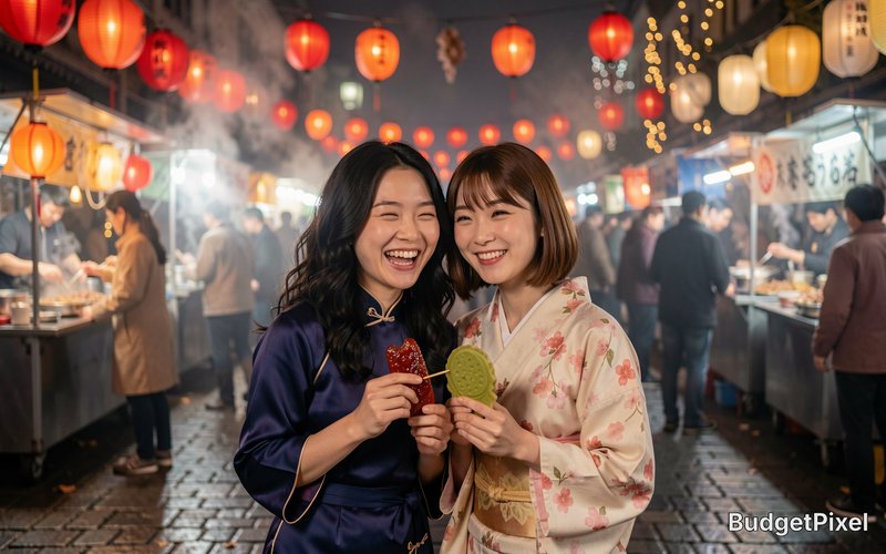 Two laughing young women hold skewered street snacks at a glowing lantern-lit Asian night street market.