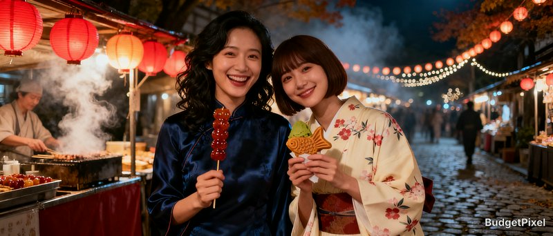 Two smiling women at a night Japanese street fair holding tanghulu and taiyaki beside glowing red lantern food stalls