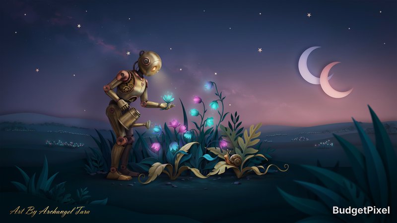 A whimsical automaton, crafted from polished brass and intricate gears, tends to a garden of bioluminescent flora on a forgotten celestial body. The scene unfolds with a narrative quality, reminiscent of a vintage storybook illustration. The style should evoke the tactile, layered beauty of paper cutting art, with sharp edges and a sense of depth, rendered in luminous, dreamlike color gradients. The atmosphere is one of quiet wonder and serene exploration. At bottom left in gold text Art By Archangel Tara