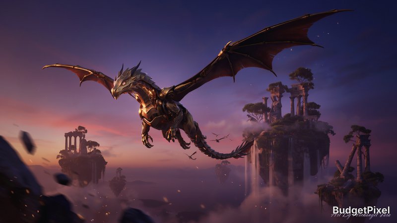 A majestic, clockwork dragon soars through a sky filled with floating islands adorned with ancient ruins. Its metallic scales shimmer with an internal luminescence. The scene is depicted as if it were a still from a high-budget 3D animated fantasy film, emphasizing dynamic movement and breathtaking environments. The lighting is dramatic and cinematic, with a palette transitioning through deep blues, purples, and fiery oranges. Add to bottom right in silver small cursive text Art By Archangel Tara