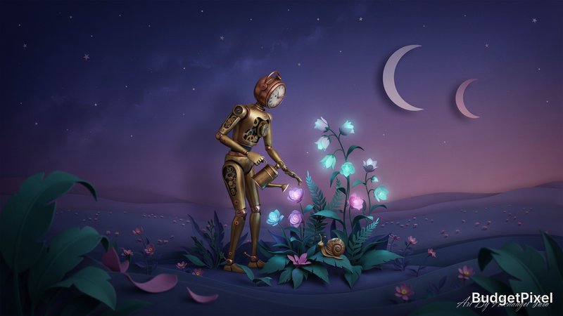 A whimsical automaton, crafted from polished brass and intricate gears, tends to a garden of bioluminescent flora on a forgotten celestial body. The scene unfolds with a narrative quality, reminiscent of a vintage storybook illustration. The style should evoke the tactile, layered beauty of paper cutting art, with sharp edges and a sense of depth, rendered in luminous, dreamlike color gradients. The atmosphere is one of quiet wonder and serene exploration. Add to bottom right in silver small cursive text Art By Archangel Tara
