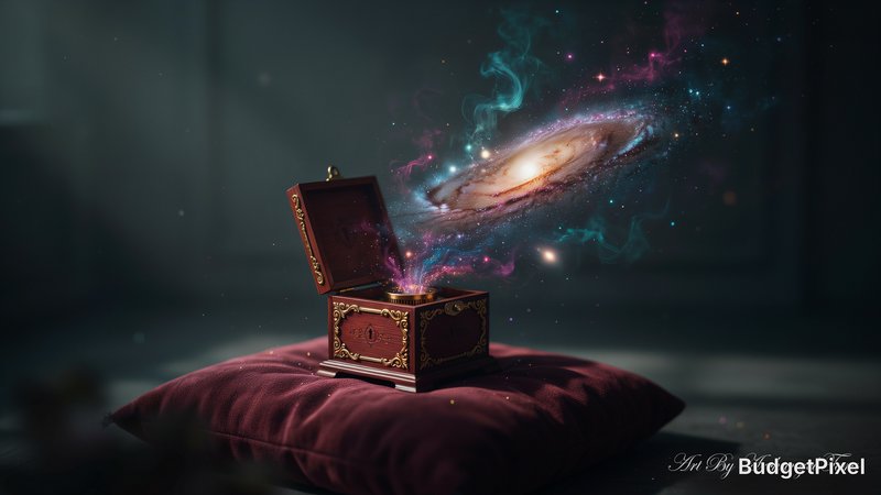 An antique, ornate music box rests on a dusty velvet cushion, its lid open to reveal a swirling nebula of miniature galaxies and stardust. The essence of storytelling is captured in the cosmic display within. The aesthetic should mirror the precision and charm of 3D animation, utilizing smooth, flowing vivid color gradients to depict the celestial phenomenon. The overall mood is one of profound mystery and quiet magic, a universe contained within. Add to bottom right in silver small cursive text Art By Archangel Tara