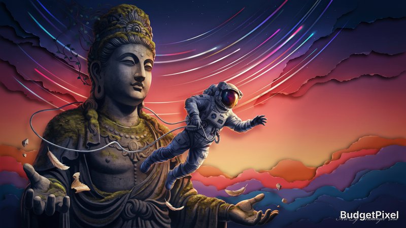 A lone astronaut adrift in the vastness of space, tethered to a colossal, moss-covered statue of an ancient deity. Stars streak past in a mesmerizing dance. The scene is rendered with the dramatic flair of a historical epic painting, but with a surreal, dreamlike twist. The style should incorporate the vibrant, blended hues of a vivid color gradient sunset in deep space, combined with the textured, layered aesthetic of intricately cut paper. Add to bottom right in silver small cursive text Art By Archangel Tara