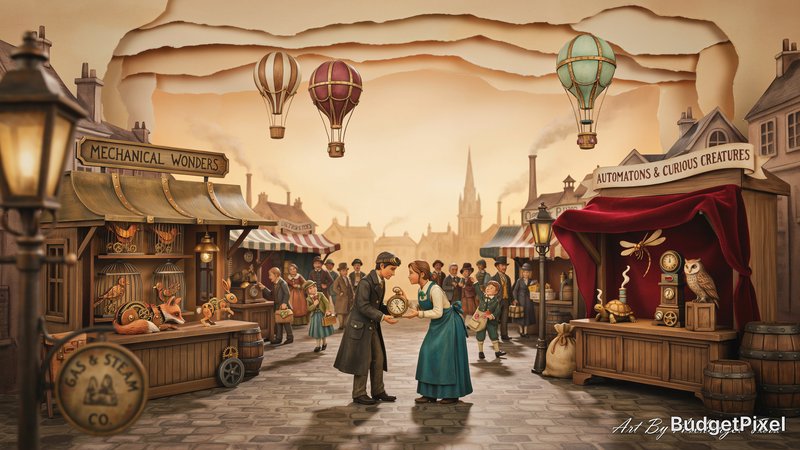 A bustling marketplace in a steampunk Victorian city, filled with vendors selling exotic mechanical pets and intricate automatons. Hot air balloons drift overhead. The scene is depicted as a richly detailed diorama, with the tactile quality of layered paper art. The color palette is a mix of sepia tones, brass, and pops of vibrant color from the goods on display.Add to bottom right in silver small cursive text Art By Archangel Tara