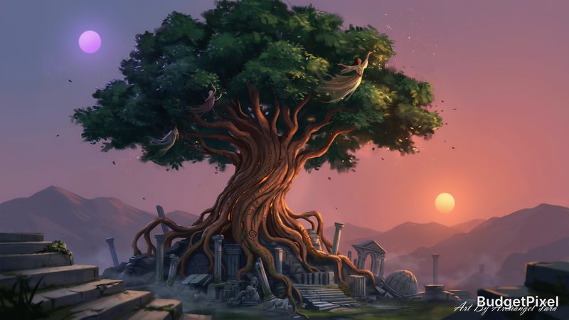 A colossal, sentient tree with roots that intertwine with the ruins of a lost civilization, its branches reaching towards a binary sunset. Ethereal figures dance within its foliage. The style should be reminiscent of epic fantasy concept art, with dramatic lighting and a sense of immense scale. Imagine the vibrant, saturated colors of a digital painting combined with the painterly textures of oil on canvas. Add to bottom right in silver small cursive text Art By Archangel Tara