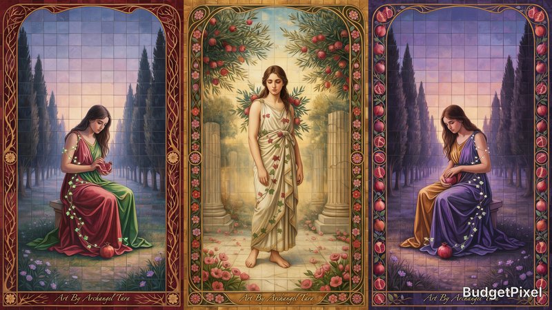 Byzantine mosaic triptych panel artwork illustrating the seasonal transformation from winter to spring using luminous glass tesserae.
Left panel (Morning): Cinematic wide framed shot: Art Nouveau interpretation of Greek mythology's Persephone kneeling in a twilight pomegranate grove. Flowing stained silk robes wrapped with bioluminescent ivy, iconic curling whiplash linework, gilded organic borders, soft golden backlighting, cool mist between ancient cypress trees. Jewel tone palette of burgundy, moss green, antique gold and lavender. Merges classical myth symbolism with Alphonse Mucha aesthetic, 8K ultra detailed, sharp fine linework, atmospheric depth, professional museum quality illustration. Add to bottom right in gold small cursive text Art By Archangel Tara
Center panel (Afternoon): Ultra-detailed 4K fine art illustration merging Greek mythology and Art Nouveau, soft golden twilight hour. Central figure: Persephone standing barefoot among wild pomegranate boughs, draped in flowing silk chiton embroidered with ivy, quiet melancholic gaze. Iconic Art Nouveau whiplash curves, organic floral borders, iridescent colour palette of deep violet, burnt honey, moss green. Diffused godrays filter through olive branches, weathered marble column ruins recede in the misty background, anemones scattered at her feet. Smooth ink linework, subtle gilded accents, soft watercolour washes, sharp fine details, balanced symmetrical composition, professional gallery quality. Add to bottom right in gold small cursive text Art By Archangel Tara
Right panel (Evening):Cinematic wide framed shot: Art Nouveau interpretation of Greek mythology's Persephone kneeling in a twilight pomegranate grove. Flowing stained silk robes wrapped with bioluminescent ivy, iconic curling whiplash linework, gilded organic borders, soft golden backlighting, cool mist between ancient cypress trees. Jewel tone palette of burgundy, moss green, antique gold and lavender. Merges classical myth symbolism with Alphonse Mucha aesthetic, 8K ultra detailed, sharp fine linework, atmospheric depth, professional museum quality illustration. Add to bottom right in gold small cursive text Art By Archangel Tara
Ornate borders frame each panel with symbolic seasonal patterns, glowing reflections, sacred illumination, highly detailed craftsmanship, gold leaf accents shimmering throughout, 8k masterpiece.