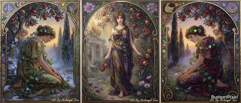 Byzantine mosaic triptych panel artwork illustrating the seasonal transformation from winter to spring using luminous glass tesserae.

Left panel (Morning): Cinematic wide framed shot: Art Nouveau interpretation of Greek mythology's Persephone kneeling in a twilight pomegranate grove. Flowing stained silk robes wrapped with bioluminescent ivy, iconic curling whiplash linework, gilded organic borders, soft golden backlighting, cool mist between ancient cypress trees. Jewel tone palette of burgundy, moss green, antique gold and lavender. Merges classical myth symbolism with Alphonse Mucha aesthetic, 8K ultra detailed, sharp fine linework, atmospheric depth, professional museum quality illustration. Add to bottom right in gold small cursive text Art By Archangel Tara 

Center panel (Afternoon): Ultra-detailed 4K fine art illustration merging Greek mythology and Art Nouveau, soft golden twilight hour. Central figure: Persephone standing barefoot among wild pomegranate boughs, draped in flowing silk chiton embroidered with ivy, quiet melancholic gaze. Iconic Art Nouveau whiplash curves, organic floral borders, iridescent colour palette of deep violet, burnt honey, moss green. Diffused godrays filter through olive branches, weathered marble column ruins recede in the misty background, anemones scattered at her feet. Smooth ink linework, subtle gilded accents, soft watercolour washes, sharp fine details, balanced symmetrical composition, professional gallery quality. Add to bottom right in gold small cursive text Art By Archangel Tara 

Right panel (Evening):Cinematic wide framed shot: Art Nouveau interpretation of Greek mythology's Persephone kneeling in a twilight pomegranate grove. Flowing stained silk robes wrapped with bioluminescent ivy, iconic curling whiplash linework, gilded organic borders, soft golden backlighting, cool mist between ancient cypress trees. Jewel tone palette of burgundy, moss green, antique gold and lavender. Merges classical myth symbolism with Alphonse Mucha aesthetic, 8K ultra detailed, sharp fine linework, atmospheric depth, professional museum quality illustration. Add to bottom right in gold small cursive text Art By Archangel Tara 

Ornate borders frame each panel with symbolic seasonal patterns, glowing reflections, sacred illumination, highly detailed craftsmanship, gold leaf accents shimmering throughout, 8k masterpiece.