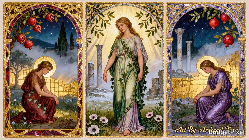Byzantine mosaic triptych panel artwork illustrating the seasonal transformation from winter to spring using luminous glass tesserae.
Left panel (Morning): Cinematic wide framed shot: Art Nouveau interpretation of Greek mythology's Persephone kneeling in a twilight pomegranate grove. Flowing stained silk robes wrapped with bioluminescent ivy, iconic curling whiplash linework, gilded organic borders, soft golden backlighting, cool mist between ancient cypress trees. Jewel tone palette of burgundy, moss green, antique gold and lavender. Merges classical myth symbolism with Alphonse Mucha aesthetic, 8K ultra detailed, sharp fine linework, atmospheric depth, professional museum quality illustration. Add to bottom right in gold small cursive text Art By Archangel Tara
Center panel (Afternoon): Ultra-detailed 4K fine art illustration merging Greek mythology and Art Nouveau, soft golden twilight hour. Central figure: Persephone standing barefoot among wild pomegranate boughs, draped in flowing silk chiton embroidered with ivy, quiet melancholic gaze. Iconic Art Nouveau whiplash curves, organic floral borders, iridescent colour palette of deep violet, burnt honey, moss green. Diffused godrays filter through olive branches, weathered marble column ruins recede in the misty background, anemones scattered at her feet. Smooth ink linework, subtle gilded accents, soft watercolour washes, sharp fine details, balanced symmetrical composition, professional gallery quality. Add to bottom right in gold small cursive text Art By Archangel Tara
Right panel (Evening):Cinematic wide framed shot: Art Nouveau interpretation of Greek mythology's Persephone kneeling in a twilight pomegranate grove. Flowing stained silk robes wrapped with bioluminescent ivy, iconic curling whiplash linework, gilded organic borders, soft golden backlighting, cool mist between ancient cypress trees. Jewel tone palette of burgundy, moss green, antique gold and lavender. Merges classical myth symbolism with Alphonse Mucha aesthetic, 8K ultra detailed, sharp fine linework, atmospheric depth, professional museum quality illustration. Add to bottom right in gold small cursive text Art By Archangel Tara
Ornate borders frame each panel with symbolic seasonal patterns, glowing reflections, sacred illumination, highly detailed craftsmanship, gold leaf accents shimmering throughout, 8k masterpiece.