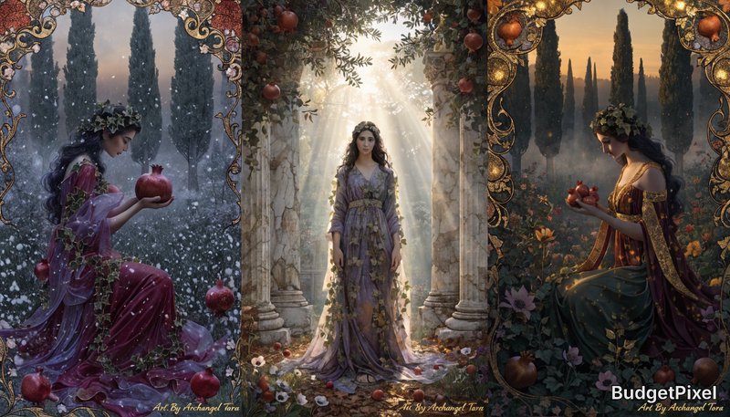 Byzantine mosaic triptych panel artwork illustrating the seasonal transformation from winter to spring using luminous glass tesserae.
Left panel (Morning): Cinematic wide framed shot: Art Nouveau interpretation of Greek mythology's Persephone kneeling in a twilight pomegranate grove. Flowing stained silk robes wrapped with bioluminescent ivy, iconic curling whiplash linework, gilded organic borders, soft golden backlighting, cool mist between ancient cypress trees. Jewel tone palette of burgundy, moss green, antique gold and lavender. Merges classical myth symbolism with Alphonse Mucha aesthetic, 8K ultra detailed, sharp fine linework, atmospheric depth, professional museum quality illustration. Add to bottom right in gold small cursive text Art By Archangel Tara
Center panel (Afternoon): Ultra-detailed 4K fine art illustration merging Greek mythology and Art Nouveau, soft golden twilight hour. Central figure: Persephone standing barefoot among wild pomegranate boughs, draped in flowing silk chiton embroidered with ivy, quiet melancholic gaze. Iconic Art Nouveau whiplash curves, organic floral borders, iridescent colour palette of deep violet, burnt honey, moss green. Diffused godrays filter through olive branches, weathered marble column ruins recede in the misty background, anemones scattered at her feet. Smooth ink linework, subtle gilded accents, soft watercolour washes, sharp fine details, balanced symmetrical composition, professional gallery quality. Add to bottom right in gold small cursive text Art By Archangel Tara
Right panel (Evening):Cinematic wide framed shot: Art Nouveau interpretation of Greek mythology's Persephone kneeling in a twilight pomegranate grove. Flowing stained silk robes wrapped with bioluminescent ivy, iconic curling whiplash linework, gilded organic borders, soft golden backlighting, cool mist between ancient cypress trees. Jewel tone palette of burgundy, moss green, antique gold and lavender. Merges classical myth symbolism with Alphonse Mucha aesthetic, 8K ultra detailed, sharp fine linework, atmospheric depth, professional museum quality illustration. Add to bottom right in gold small cursive text Art By Archangel Tara
Ornate borders frame each panel with symbolic seasonal patterns, glowing reflections, sacred illumination, highly detailed craftsmanship, gold leaf accents shimmering throughout, 8k masterpiece.