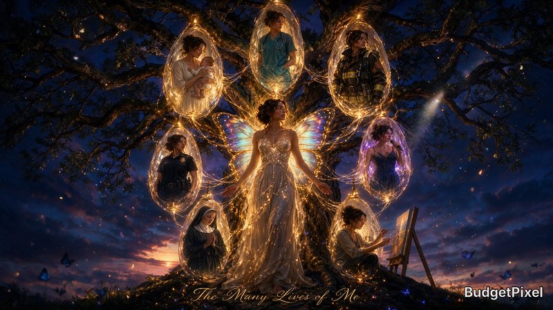 Photorealistic, hyper-detailed, cinematic "Parallel Lives" masterpiece. Dramatic low-angle composition beneath an ancient, gnarled oak tree at the magical blue hour of twilight. At the center stands one breathtakingly beautiful woman with luminous iridescent Morpho butterfly wings, her face, hairstyle, eye color, and unique facial features serving as the unmistakable visual anchor of the artwork. Warm golden bioluminescent light radiates from her body, softly illuminating the surrounding scene.
Suspended from the tree's sprawling branches hang six large, translucent crystalline chrysalises, each containing the exact same woman—identical face, identical hair, identical body proportions, identical butterfly-wing markings and recognizable features—clearly showing alternate versions of her, not different people. Each alternate self wears different clothing and lives a different destiny while remaining instantly recognizable as the same woman.
Inside the glowing chrysalises appear:
the same woman as a compassionate surgeon in teal scrubs,
the same woman lovingly cradling her newborn child,
the same woman as a courageous firefighter in full turnout gear,
the same woman as a dedicated police officer in uniform,
the same woman performing as an elegant stage singer beneath brilliant theater lights,
the same woman as a peaceful nun in flowing robes,
and nearby, the same woman seated before an easel, creating a magnificent painting.
Brilliant golden and iridescent timeline threads spiral gracefully between every chrysalis and the central woman, visually connecting each alternate destiny into one shared soul. Ethereal light particles, floating butterfly scales, shimmering stardust, and glowing wisps drift through the air, symbolizing infinite possibilities, parallel timelines, roads not taken, and the many versions of a single life.
The atmosphere is reverent, emotional, and dreamlike, with deep indigo twilight contrasting against radiant warm gold, sapphire, emerald, and violet illumination. Extraordinary volumetric lighting, cinematic depth of field, atmospheric bloom, ultra-realistic textures, breathtaking realism, award-winning fantasy realism, masterpiece composition, 8K, razor-sharp focus, museum-quality digital painting.
Title: The Many Lives of Me
Render the title in small, elegant gold cursive on the lower portion of the canvas, seamlessly integrated into the painted texture with a subtle impasto effect, appearing hand-painted into the artwork itself.