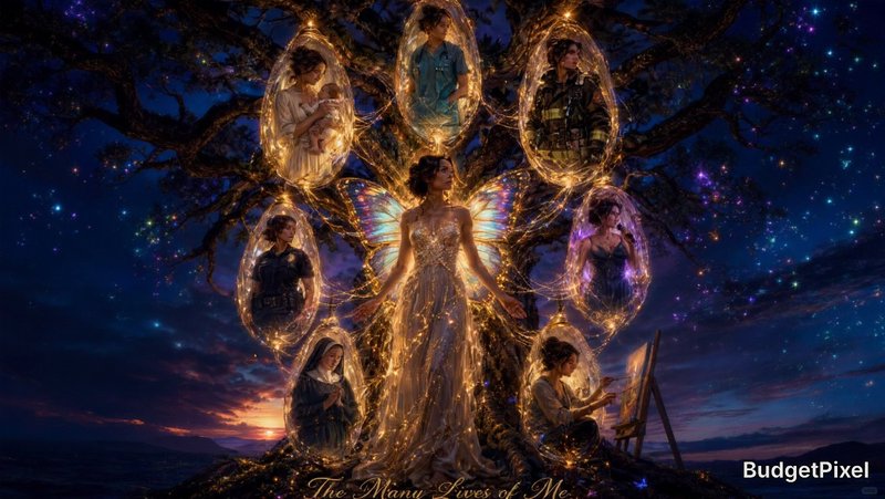 Photorealistic, hyper-detailed, cinematic "Parallel Lives" masterpiece. Dramatic low-angle composition beneath an ancient, gnarled oak tree at the magical blue hour of twilight. At the center stands one breathtakingly beautiful woman with luminous iridescent Morpho butterfly wings, her face, hairstyle, eye color, and unique facial features serving as the unmistakable visual anchor of the artwork. Warm golden bioluminescent light radiates from her body, softly illuminating the surrounding scene.
Suspended from the tree's sprawling branches hang six large, translucent crystalline chrysalises, each containing the exact same woman—identical face, identical hair, identical body proportions, identical butterfly-wing markings and recognizable features—clearly showing alternate versions of her, not different people. Each alternate self wears different clothing and lives a different destiny while remaining instantly recognizable as the same woman.
Inside the glowing chrysalises appear:
the same woman as a compassionate surgeon in teal scrubs,
the same woman lovingly cradling her newborn child,
the same woman as a courageous firefighter in full turnout gear,
the same woman as a dedicated police officer in uniform,
the same woman performing as an elegant stage singer beneath brilliant theater lights,
the same woman as a peaceful nun in flowing robes,
and nearby, the same woman seated before an easel, creating a magnificent painting.
Brilliant golden and iridescent timeline threads spiral gracefully between every chrysalis and the central woman, visually connecting each alternate destiny into one shared soul. Ethereal light particles, floating butterfly scales, shimmering stardust, and glowing wisps drift through the air, symbolizing infinite possibilities, parallel timelines, roads not taken, and the many versions of a single life.
The atmosphere is reverent, emotional, and dreamlike, with deep indigo twilight contrasting against radiant warm gold, sapphire, emerald, and violet illumination. Extraordinary volumetric lighting, cinematic depth of field, atmospheric bloom, ultra-realistic textures, breathtaking realism, award-winning fantasy realism, masterpiece composition, 8K, razor-sharp focus, museum-quality digital painting.
Title: The Many Lives of Me
Render the title in small, elegant gold cursive on the lower portion of the canvas, seamlessly integrated into the painted texture with a subtle impasto effect, appearing hand-painted into the artwork itself.