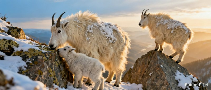 [Fluffy mountain goat family including a kid stands on snow-dusted alpine rocks at warm golden sunset]