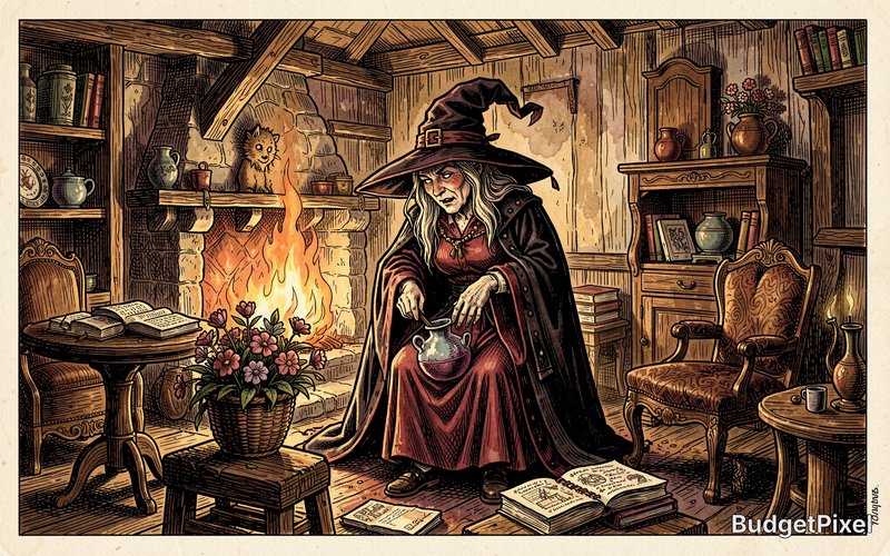 A vintage lithograph illustration of a single, detailed witch stirring a potion within a rustic cottage. Cozy firelight illuminates antique furniture and spellbooks scattered around. A basket of blooming, slightly eerie flowers sits on a nearby table. The style evokes classic woodcut prints with a subtle watercolor wash.