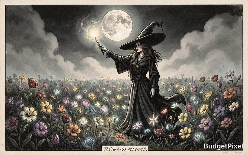 A detailed vintage lithograph of a solitary, elegant witch casting a spell over a field of mystical, glowing flowers under a spooky Halloween moon. The atmosphere is thick with a gentle, eerie fog. Subtle watercolor textures are applied to enhance the depth and magical aura of the scene.