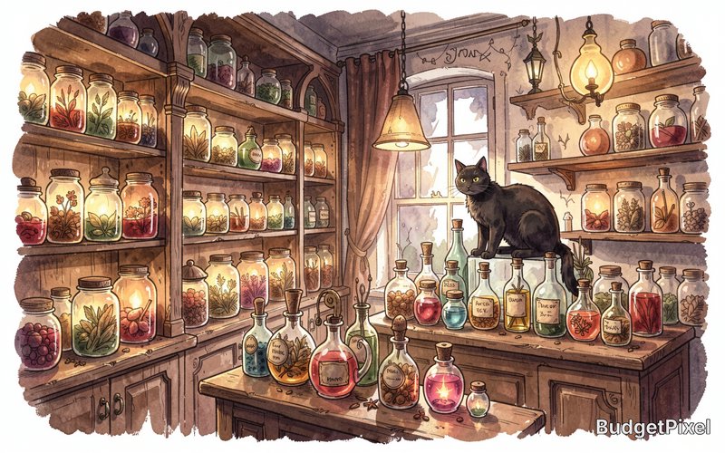A cozy, yet spooky, Halloween scene inside a quaint apothecary shop. Shelves are lined with peculiar jars filled with glowing potions and dried herbs. A friendly black cat sits atop a counter, observing a collection of antique potion bottles. The style is a blend of gothic illustration and a soft, storybook watercolor.