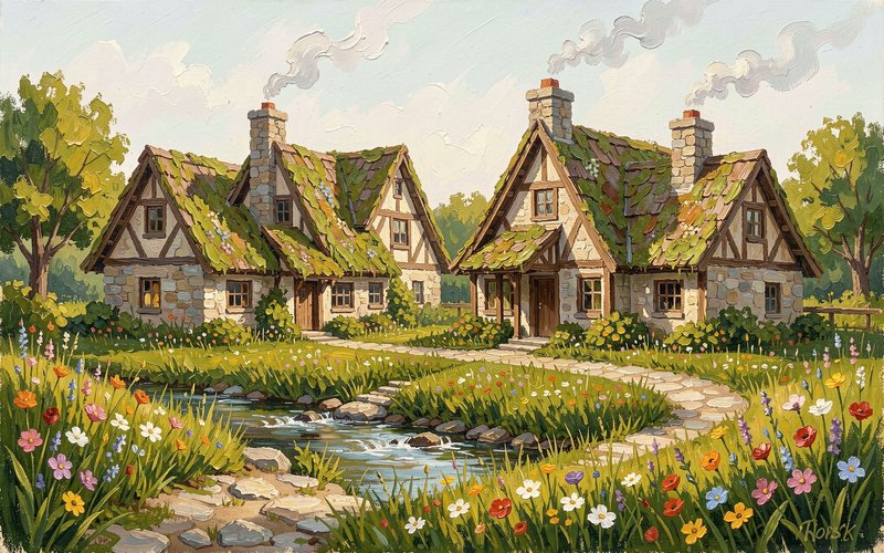 Impasto thick textured knife painting A few charming, moss-covered cottages with a steeply pitched roof, nestled beside a babbling brook in a vibrant summer meadow. Smoke curls from their stone chimneys, and a welcoming path winds through a profusion of wildflowers. Sunlight bathes the scene, highlighting the textures of the stone and wood. This prompt captures the essence of the daily challenge with a touch of nostalgic, sun-drenched charm, rendered in a soft, painterly style.