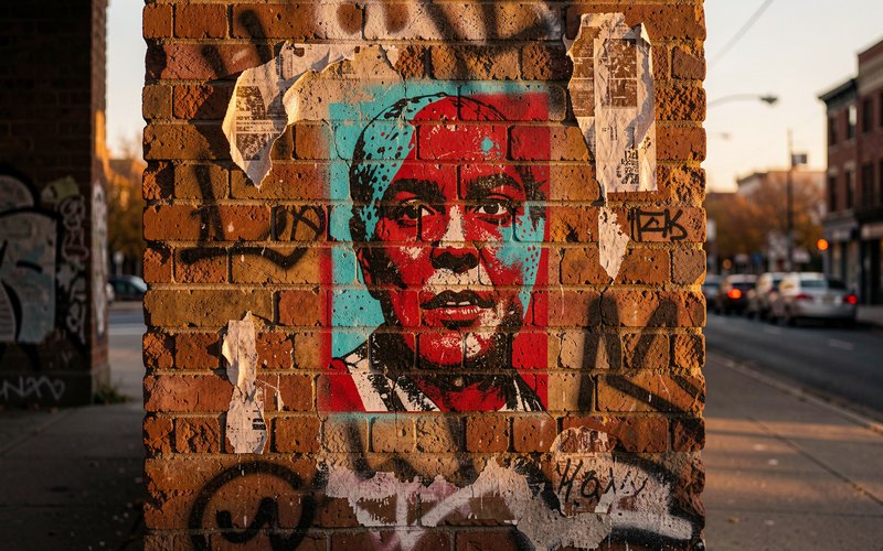 [Stenciled portrait graffiti on a weathered red brick wall, lit by warm golden hour light, with an urban street background]