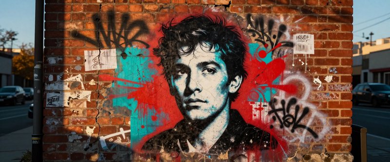 [Stenciled portrait graffiti of a young man on a weathered red brick urban wall, surrounded by colorful street art tags at...