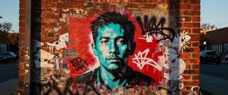 Stenciled turquoise male portrait graffiti on weathered red brick wall, surrounded by street art tags at golden hour.