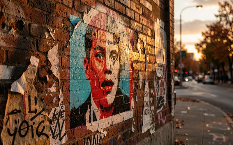 Close-up of peeling stencil portrait street art on a weathered red brick wall, lit by golden sunset along an urban sidewalk.