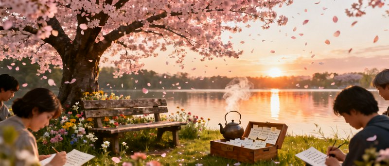 Group writing sheet music under blooming cherry blossom tree by calm lakeside at golden sunset, drifting pink sakura petals