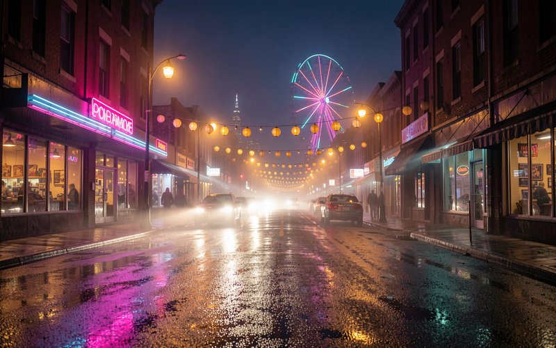 Foggy rainy night city street with neon storefronts, hanging lanterns, and glowing Ferris wheel at the road's end.