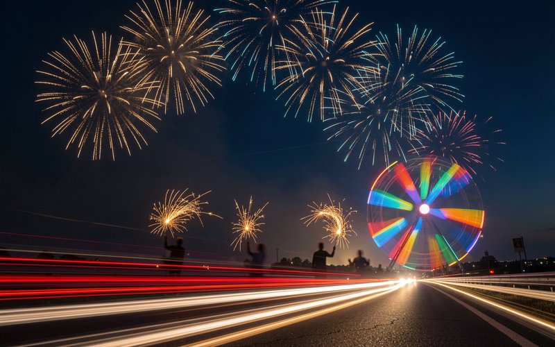 Long exposure night festive scene with bursting fireworks, spinning rainbow Ferris wheel, sparkler silhouettes, and highwa...