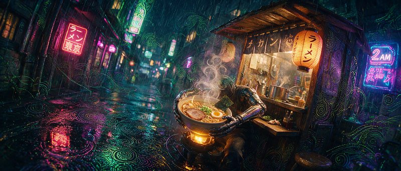 Cyberpunk robotic ramen vendor holds a steaming ramen bowl at a neon-lit Tokyo alley food stall during rainy night