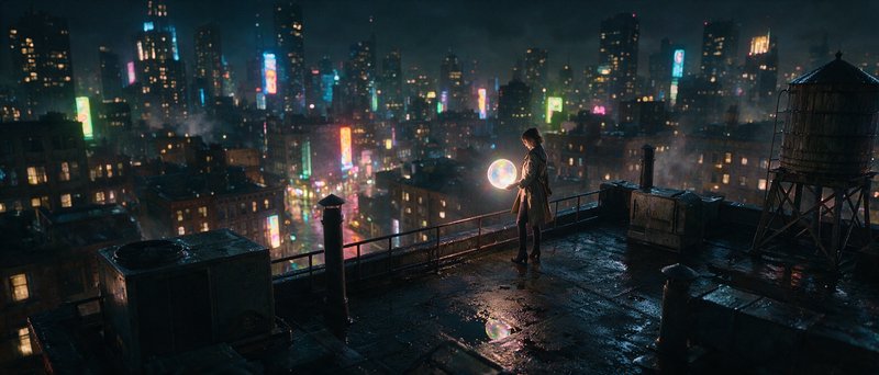 [Woman holding a glowing magical orb stands on a wet rooftop overlooking a neon-lit cyberpunk city skyline at night]