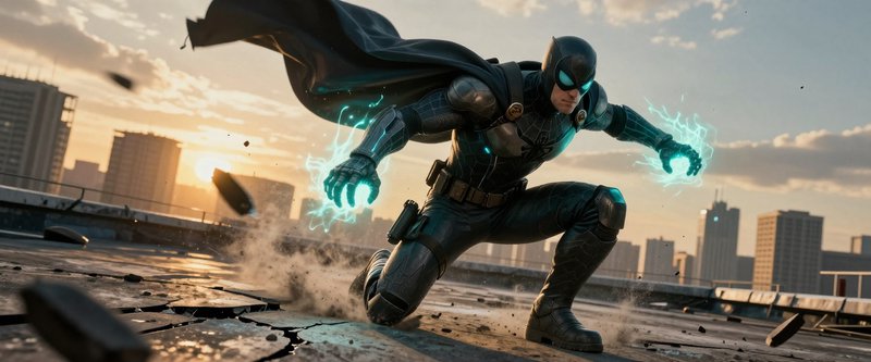 Caped armored superhero lands hard on a cracked city rooftop, glowing teal energy crackling from his gauntlets at golden