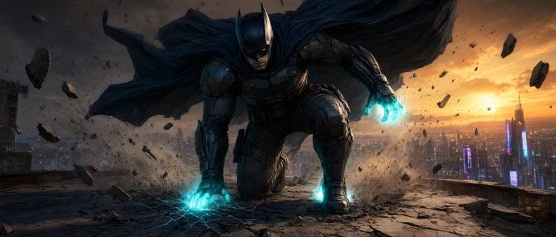 Armored Batman lands powerfully on a crumbling Gotham rooftop, glowing cyan energy emanating from his hands, sunset